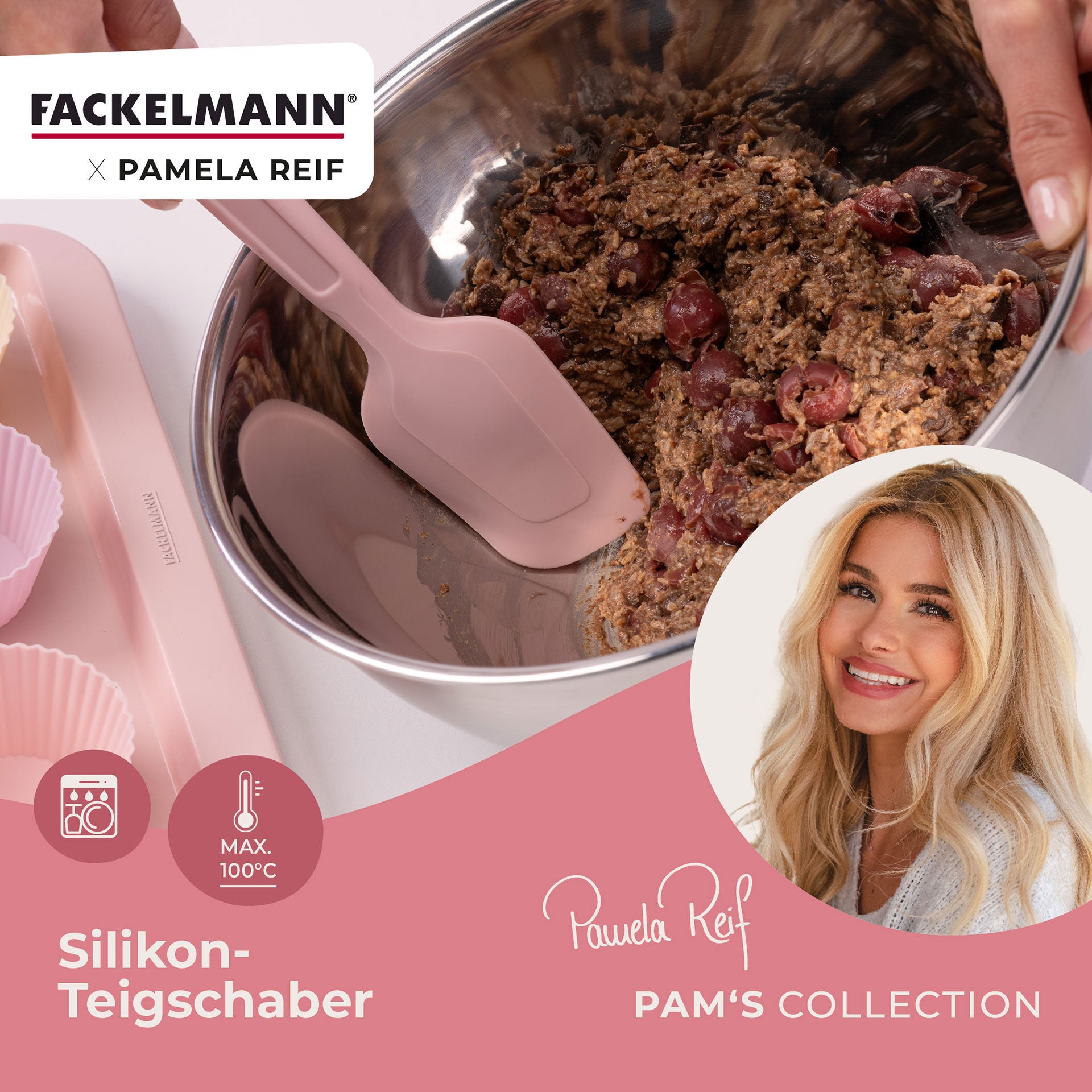 Deigskraper silikon rosa 28 cm Pamela Reif montert på kjøkken