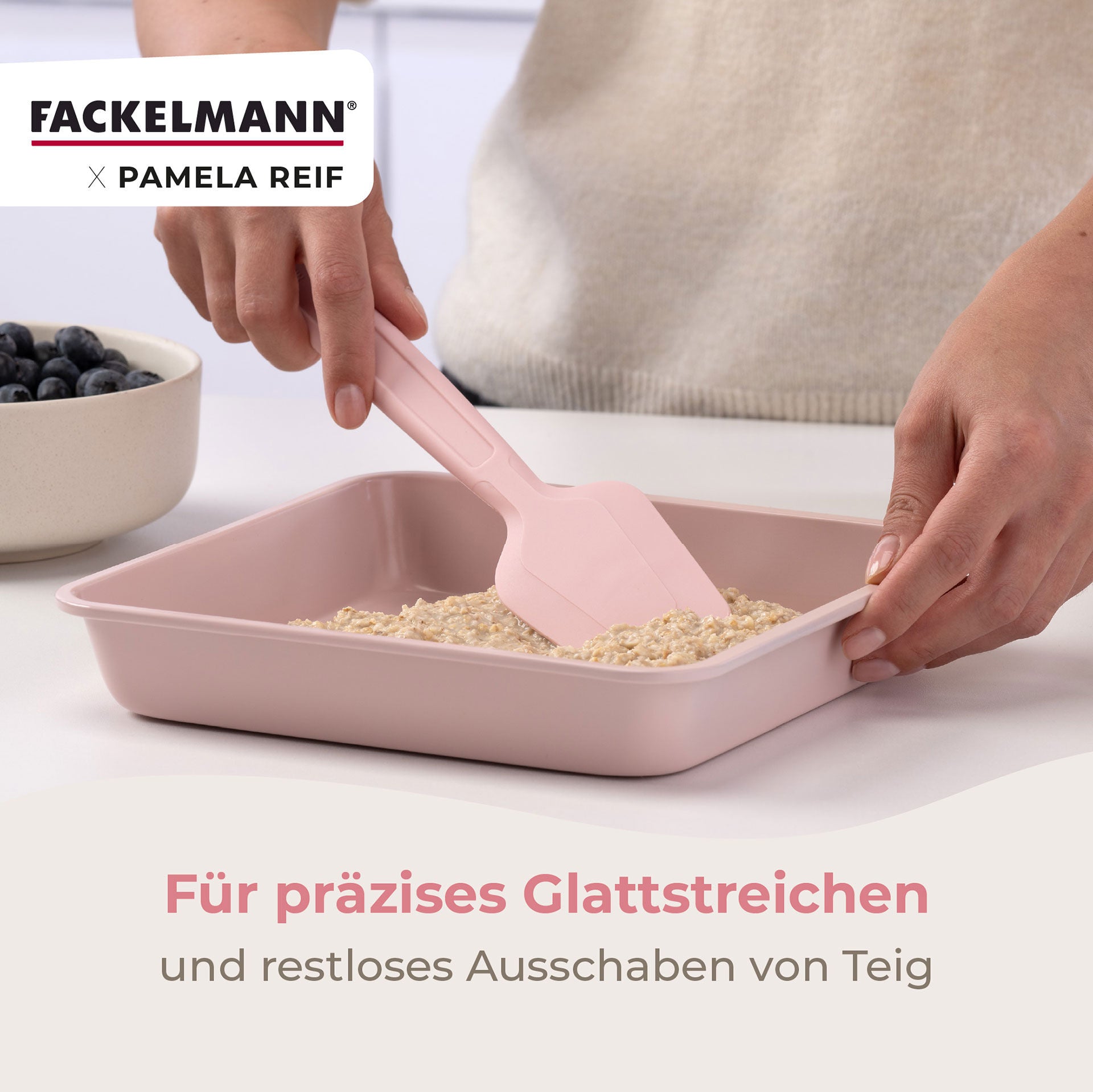 Deigskraper silikon rosa 28 cm Pamela Reif i bruk med deig