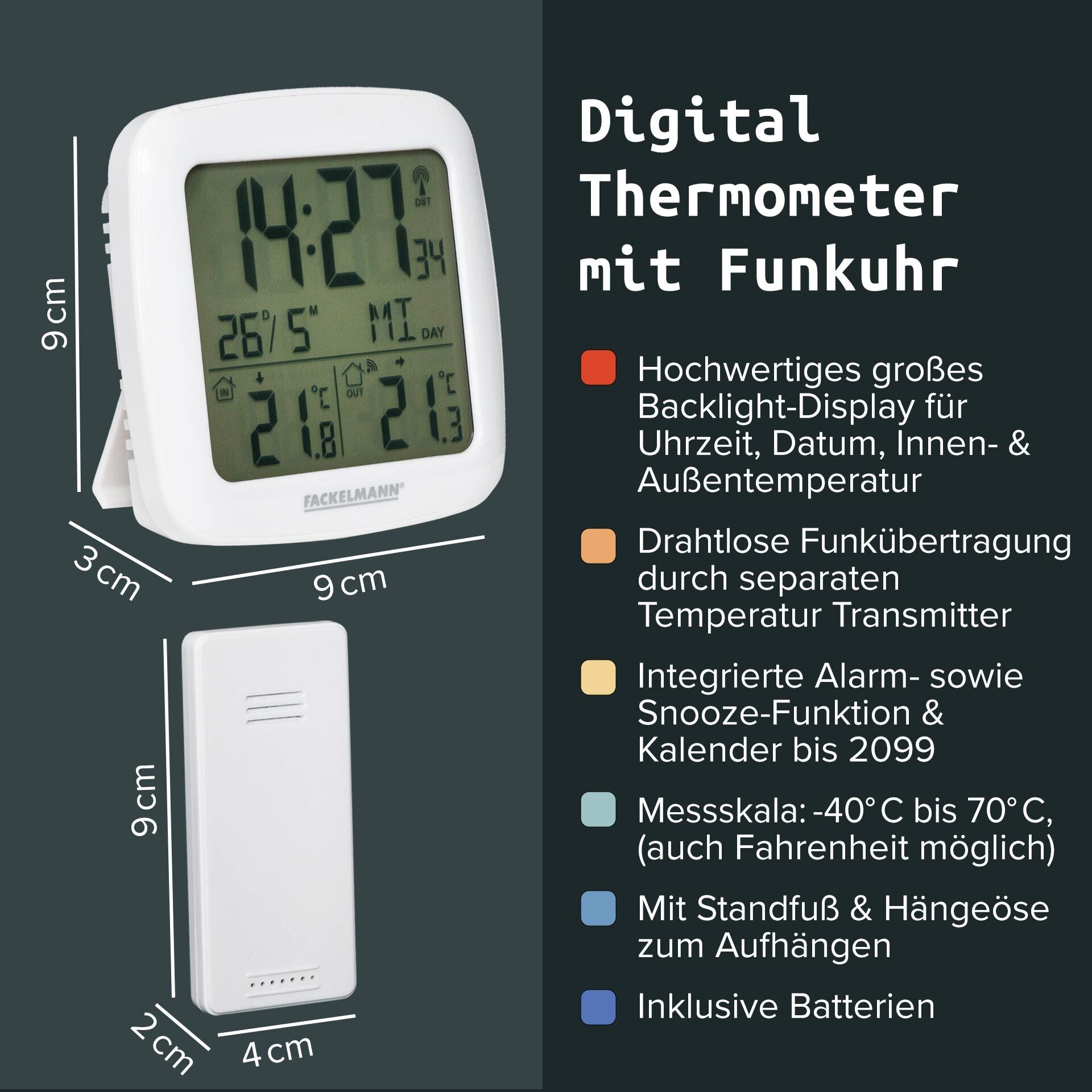 Sensor for utetemperatur til digitalt termometer med funkklokke 2-delt sett