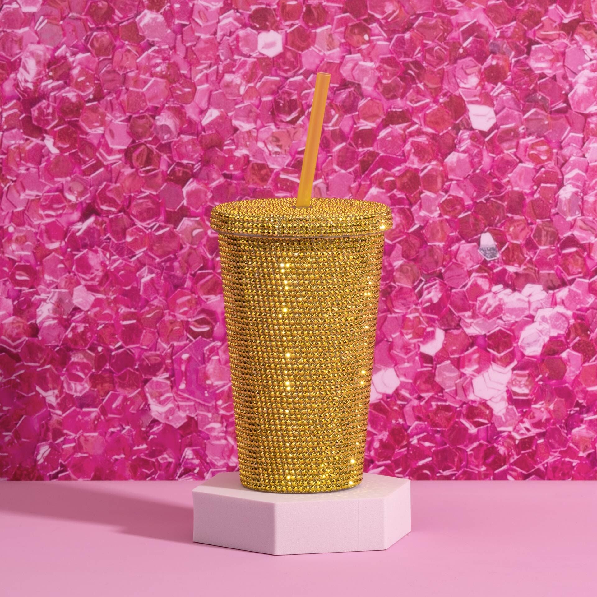 Drikkebeger gull med strass 500 ml dobbeltvegget plast Paris Hilton bakside
