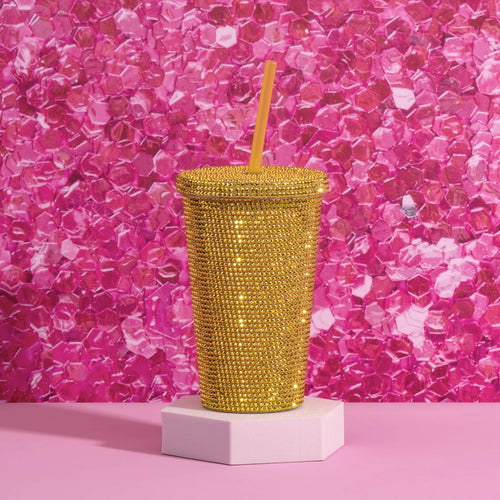 Drikkebeger gull med strass 500 ml dobbeltvegget plast Paris Hilton bakside