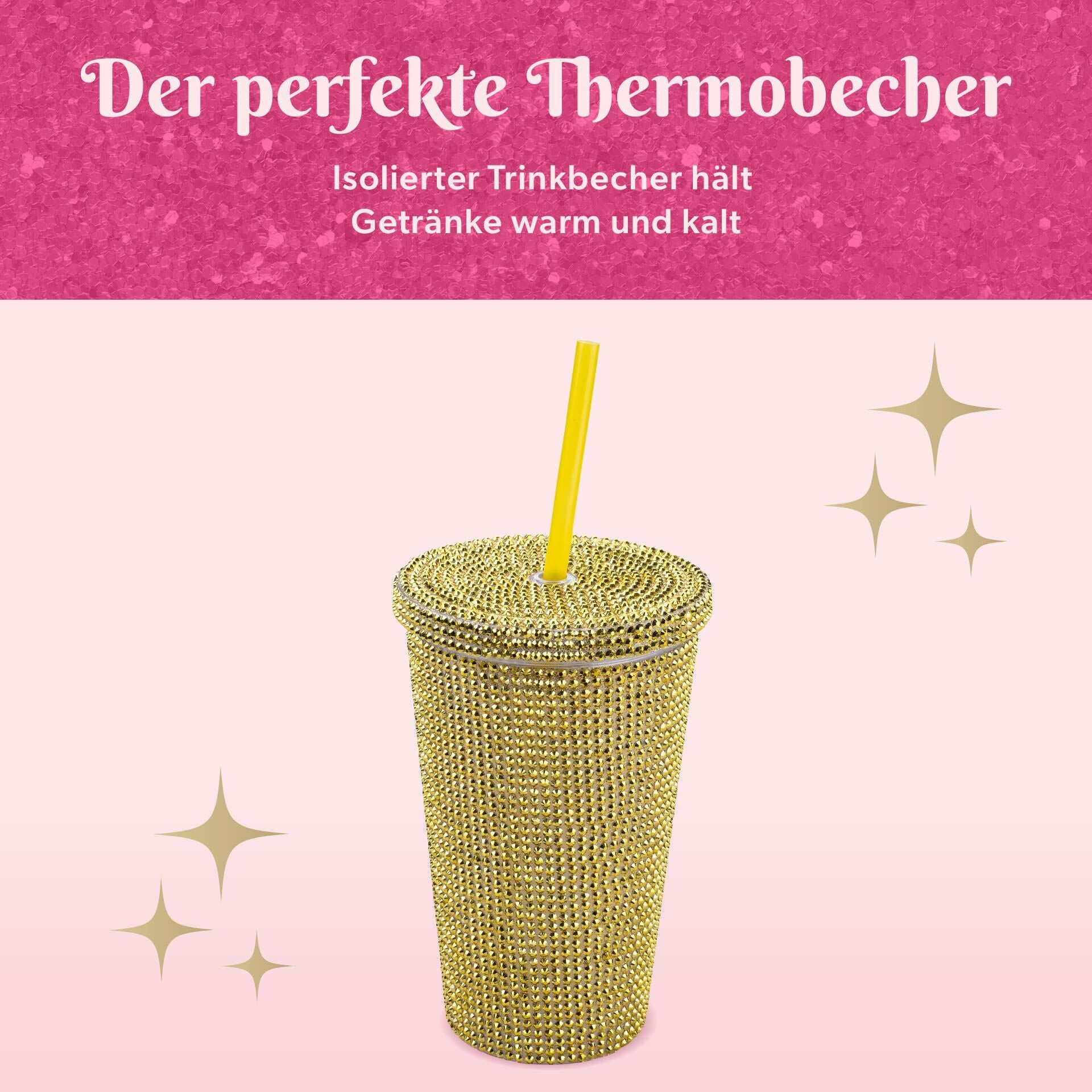 Drikkebeger gull med strass 500 ml dobbeltvegget plast Paris Hilton montert
