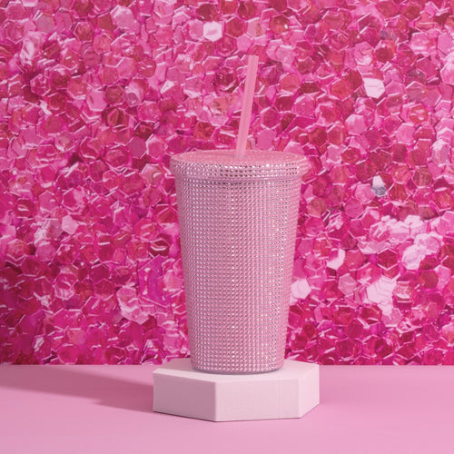 Drikkebeger rosa med strass 500 ml dobbeltvegget plast - Paris Hilton bakside