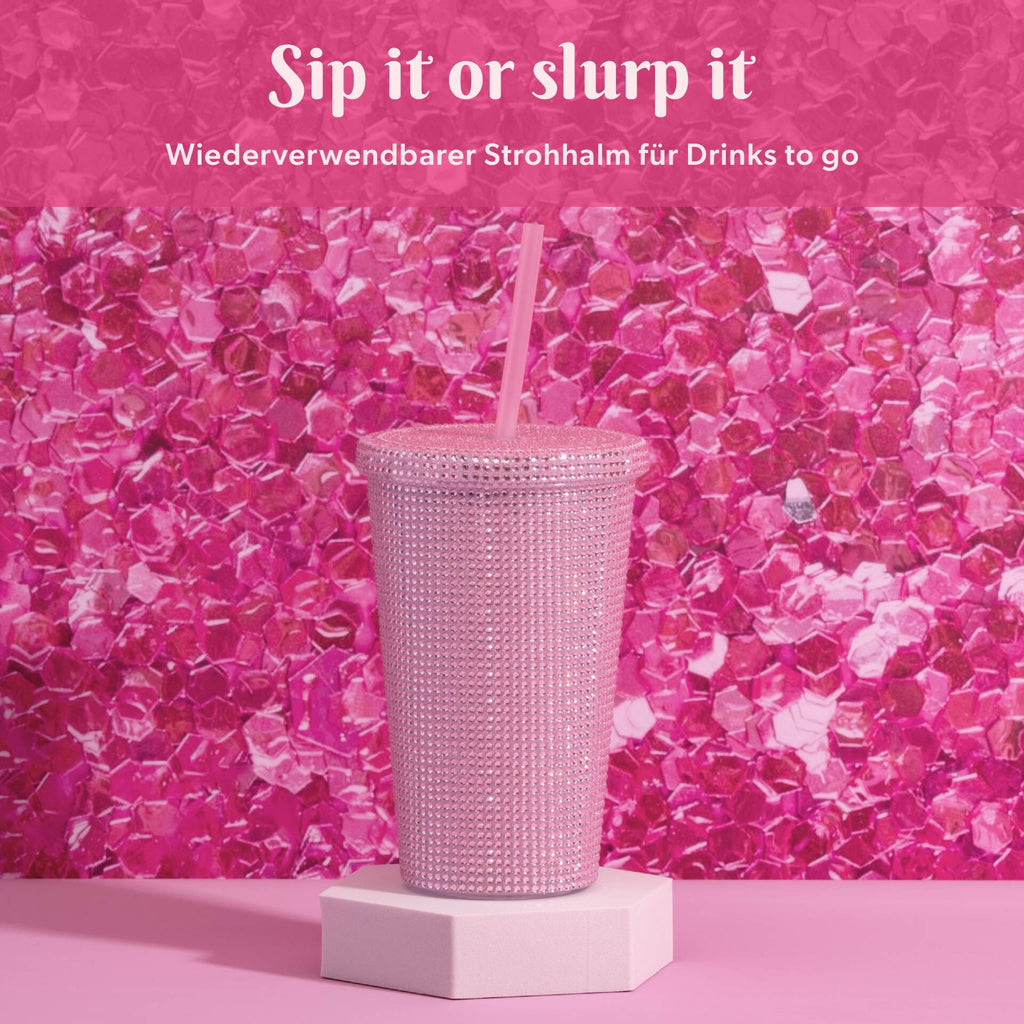 Montert Drikkebeger rosa med strass 500 ml dobbeltvegget plast - Paris Hilton på bord