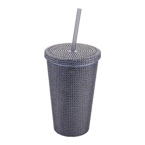Drikkebeger svart med strass 500 ml dobbeltvegget plast forfra
