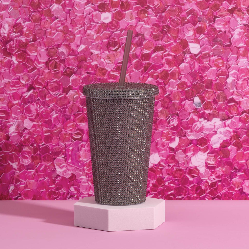 Drikkebeger svart med strass 500 ml dobbeltvegget plast bakside
