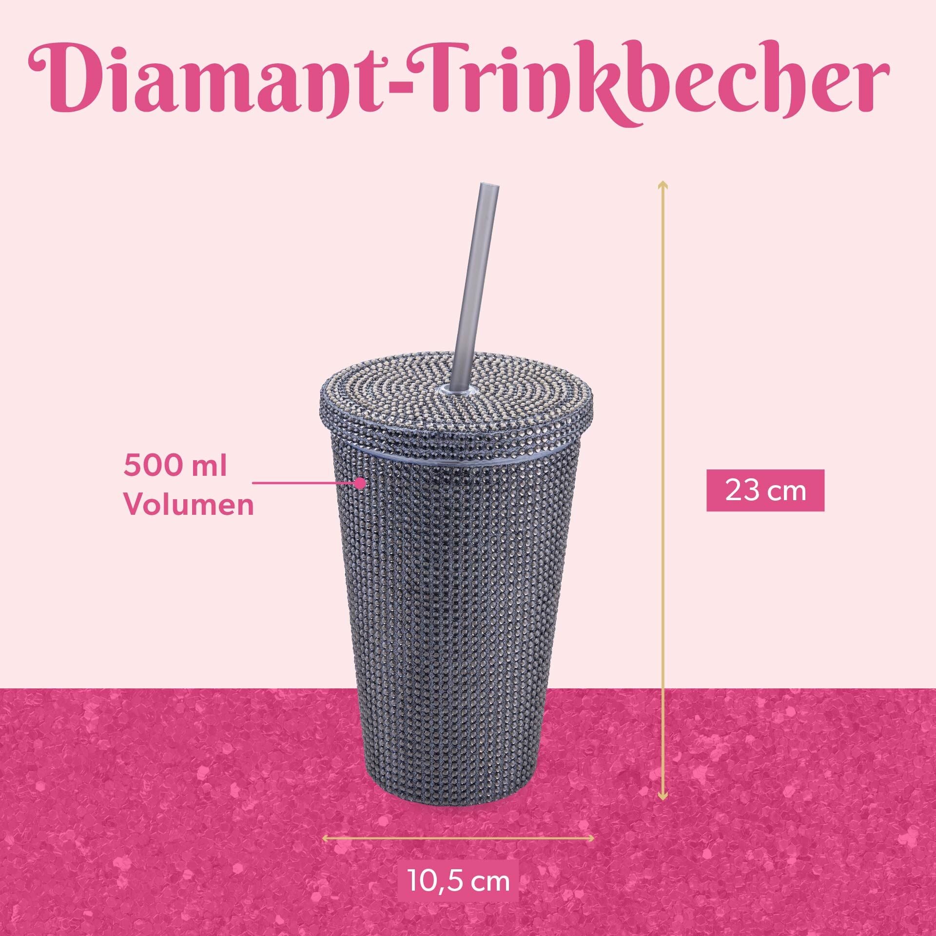 Detalj av strass på drikkebeger svart med strass 500 ml dobbeltvegget plast