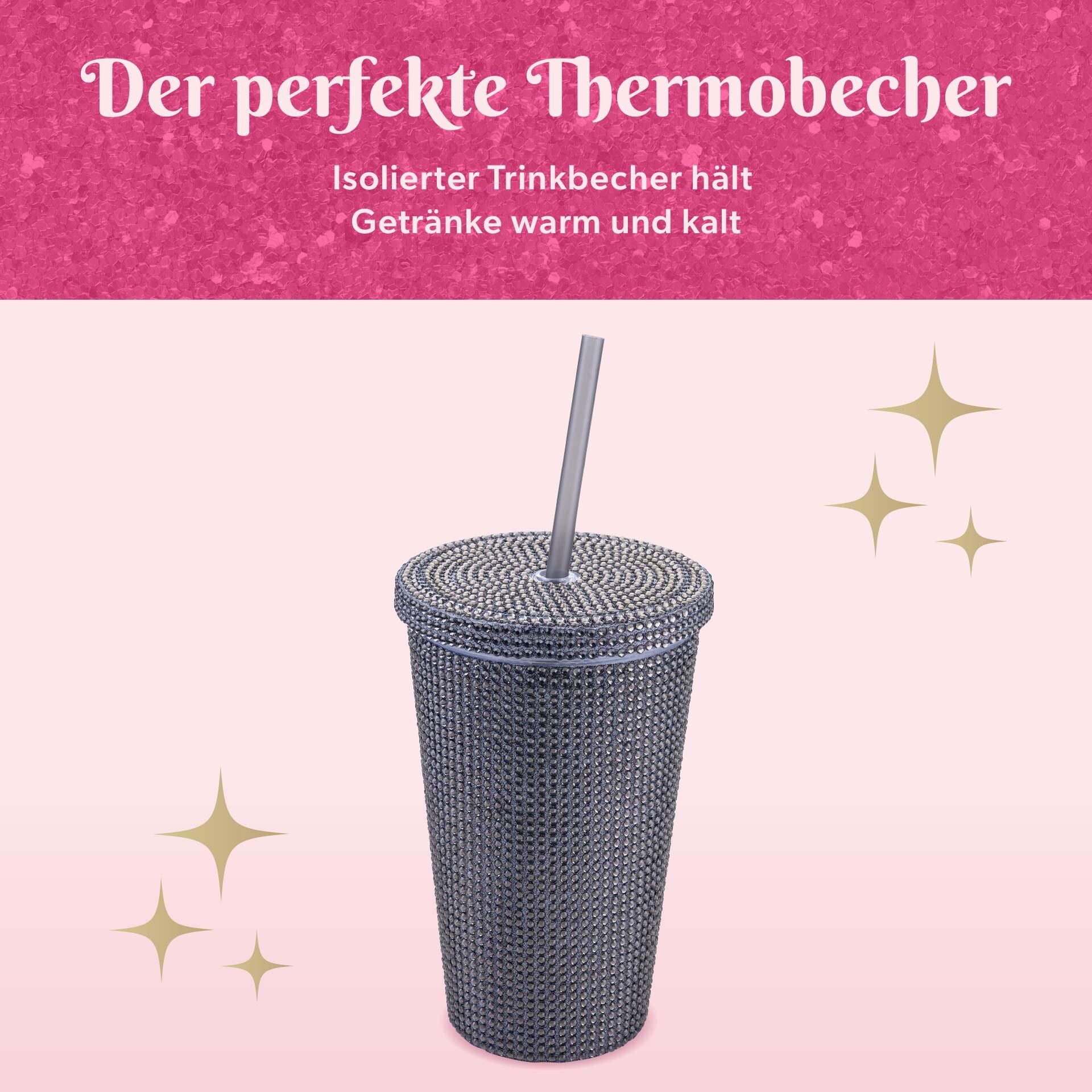 Drikkebeger svart med strass 500 ml dobbeltvegget plast montert