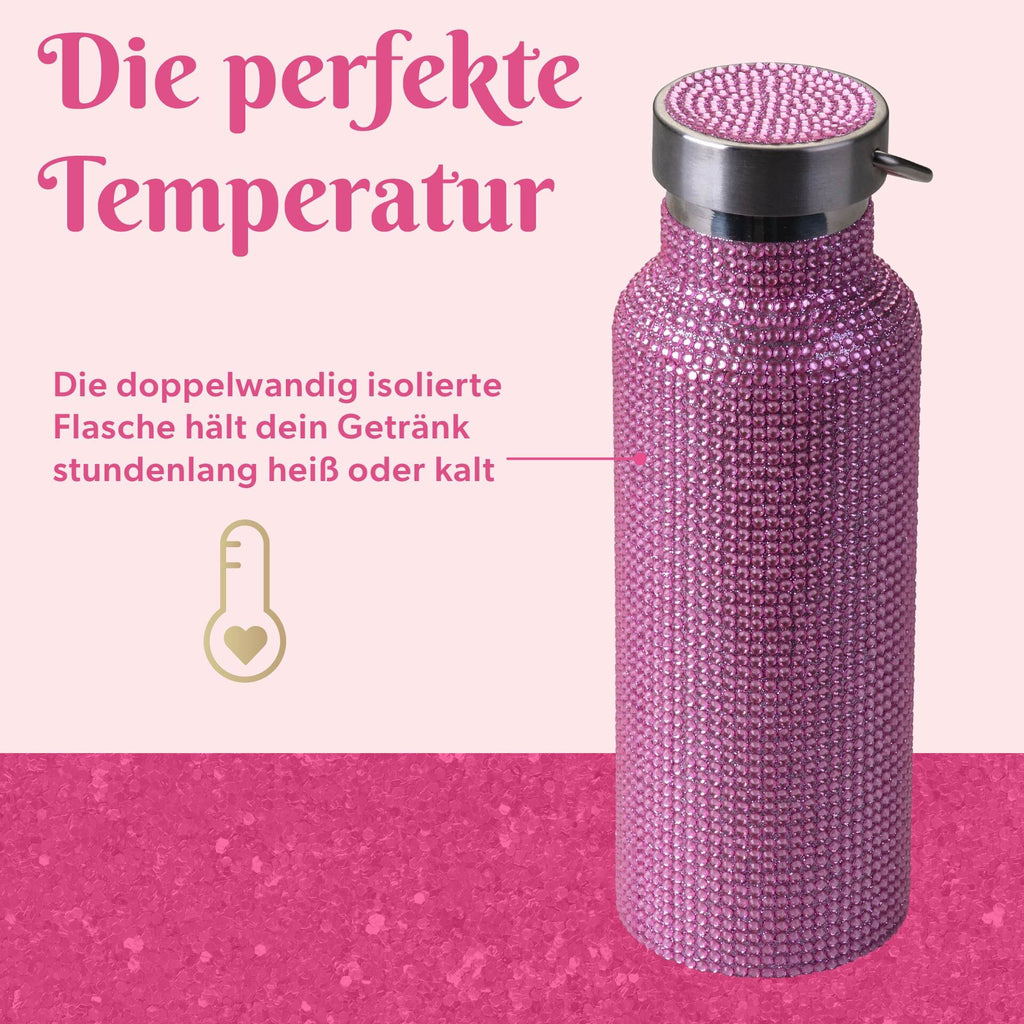 Drikkeflaske rosa rustfritt stål med strass 500 ml - Paris Hilton med håndtak