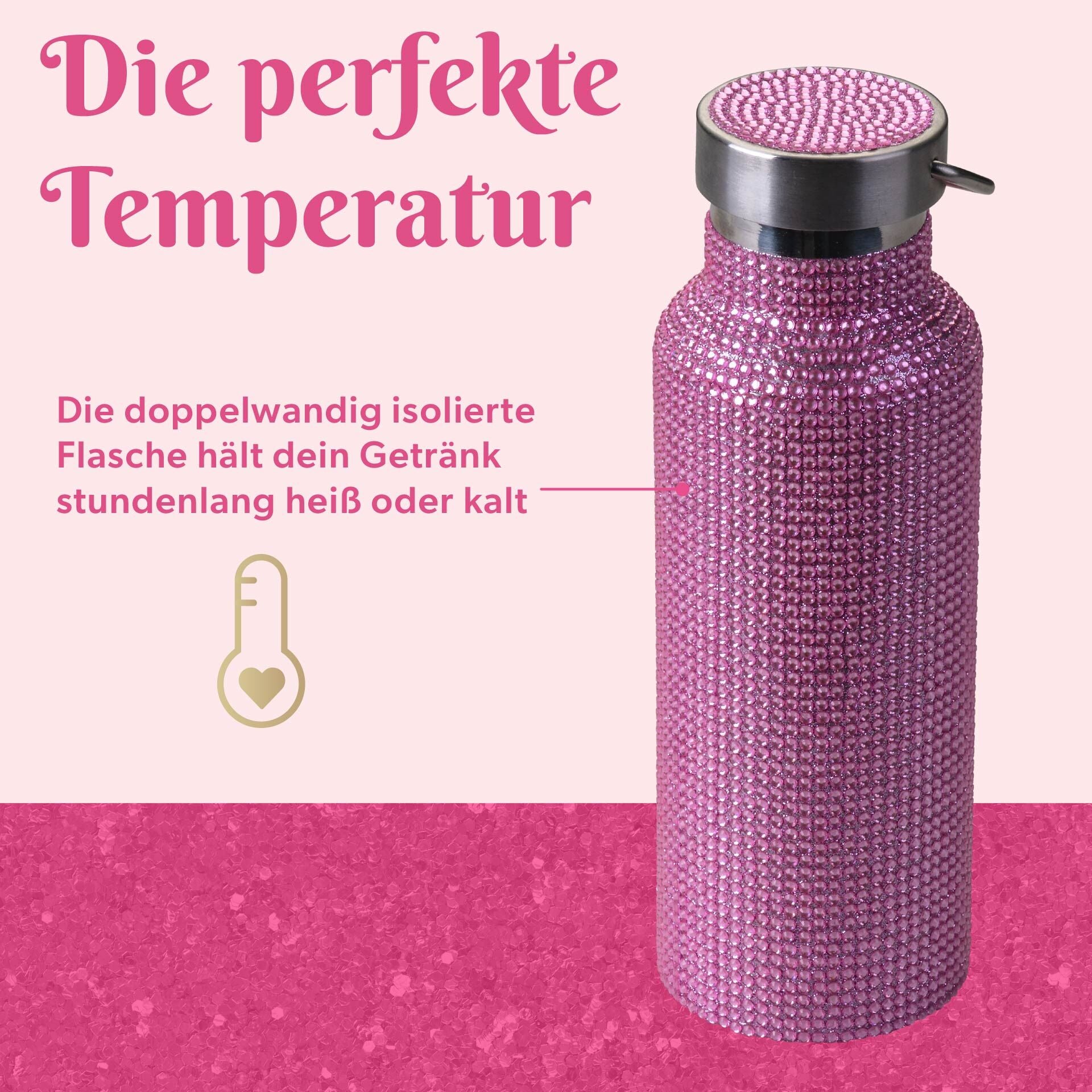 Drikkeflaske rosa rustfritt stål med strass 500 ml - Paris Hilton med håndtak