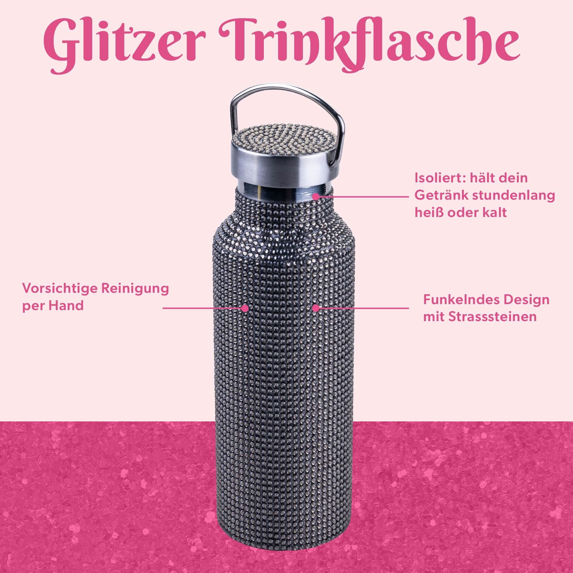 Detalj av strass på Drikkeflaske svart rustfritt stål med strass 500 ml - Paris Hilton