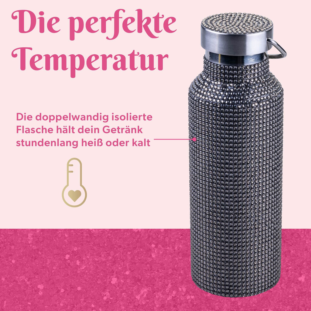 Drikkeflaske svart rustfritt stål med strass 500 ml - Paris Hilton montert med bærereim