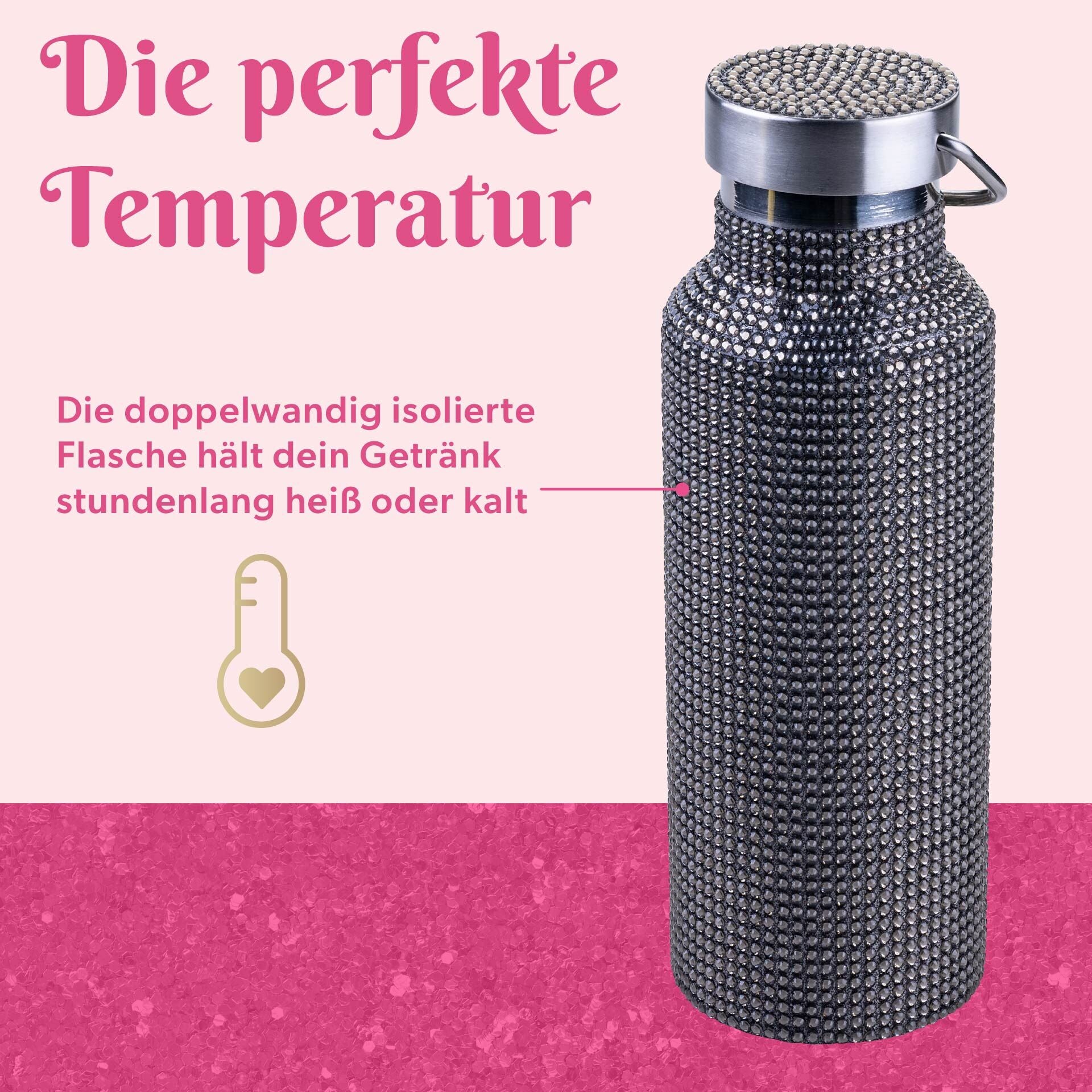Drikkeflaske svart rustfritt stål med strass 500 ml - Paris Hilton montert med bærereim