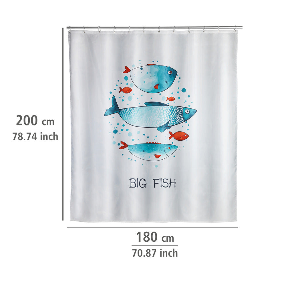 Nærbilde av mønster på Dusjforheng Big Fish polyester vaskbar 180 x 200 cm