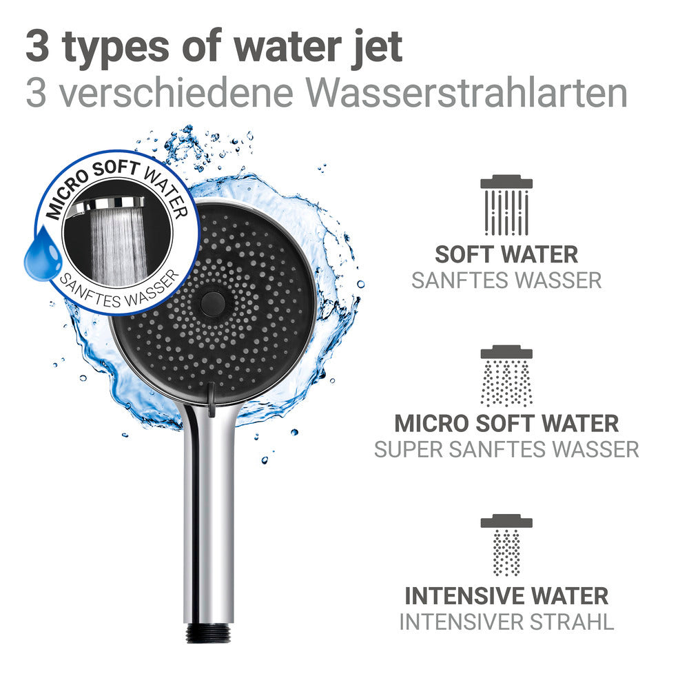 Nærbilde av kalkrengjøringsfunksjon på Dusjhode Softwater Ø12 cm krom/svart