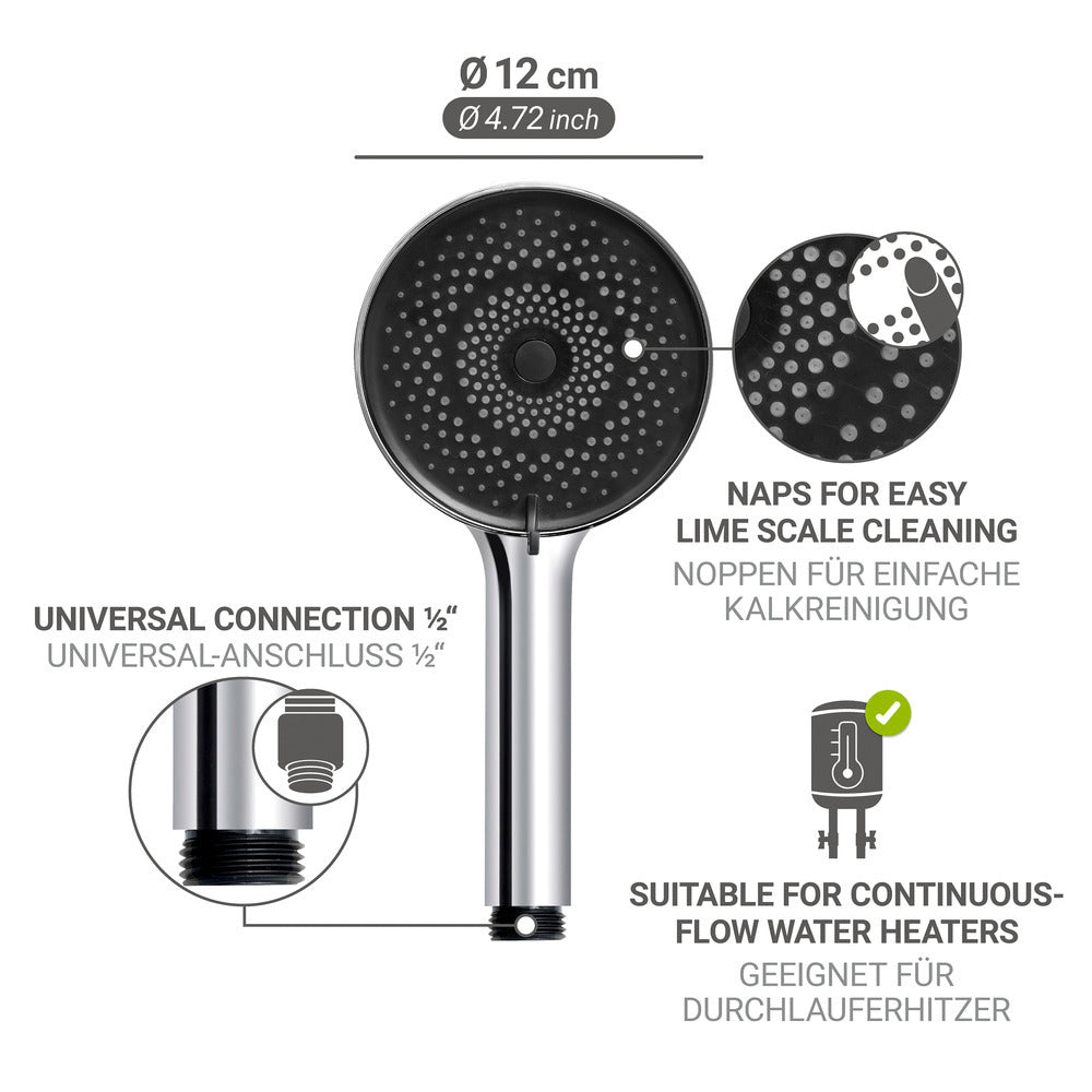 Montert Dusjhode Softwater Ø12 cm krom/svart i dusj