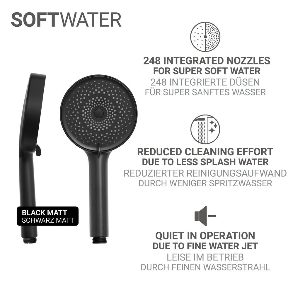 Dusjhode Softwater Ø12 cm svart matt detalj dyser