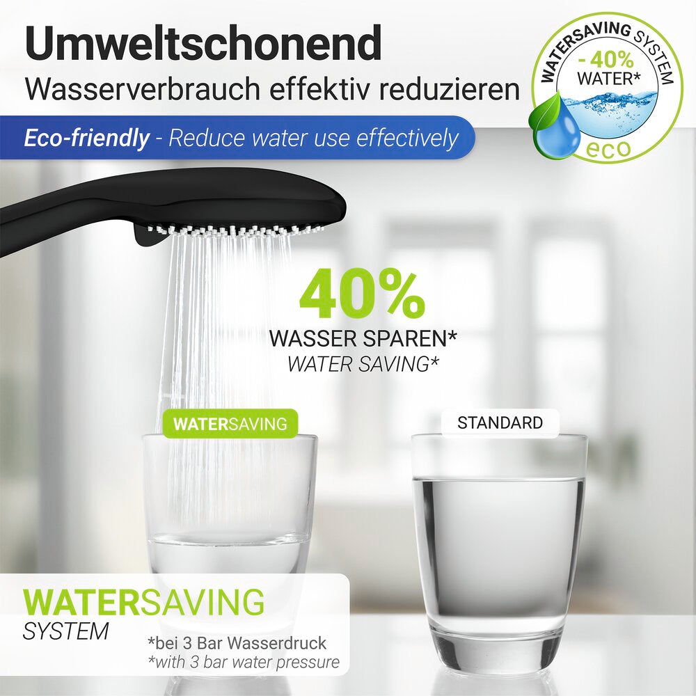 Dusjhode vannbesparende svart matt Ø 11 cm plast - Wenko montert i dusj