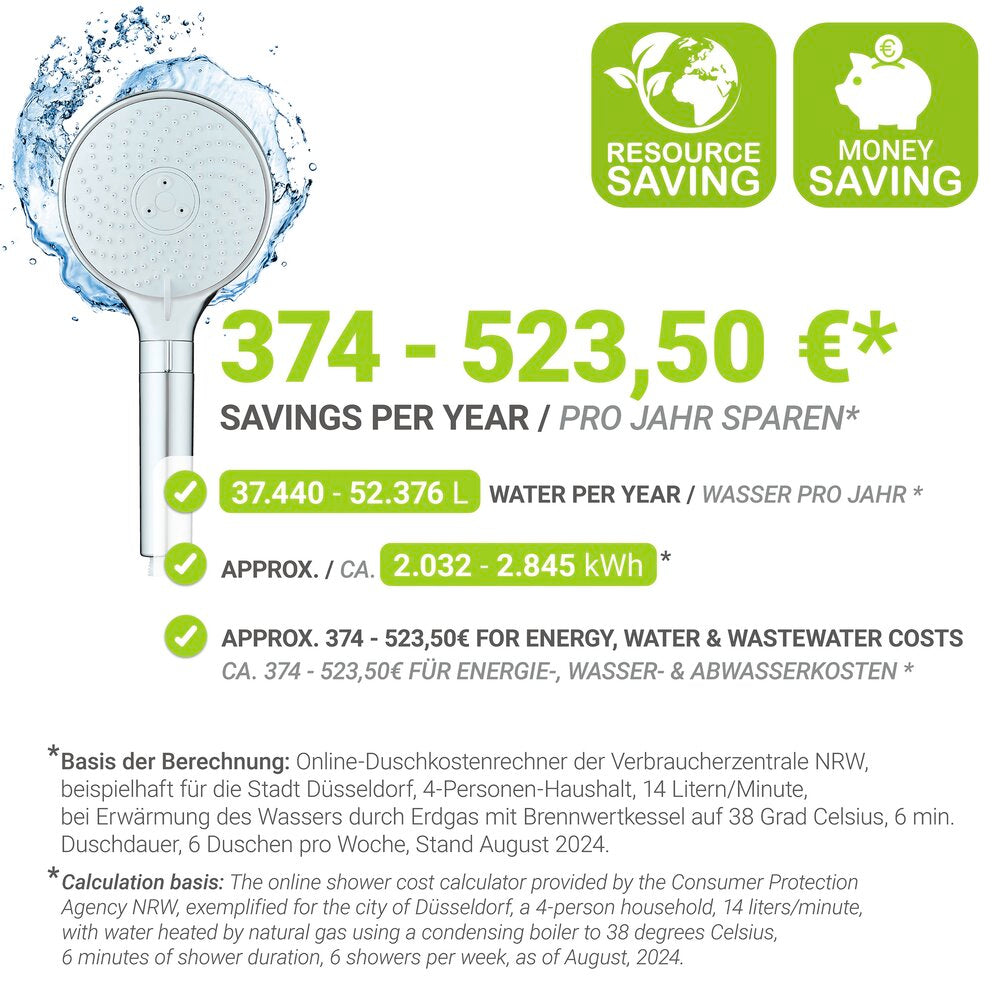 Dusjhode WaterSaving Ø12 cm krom/hvit vannbesparende montert i dusj