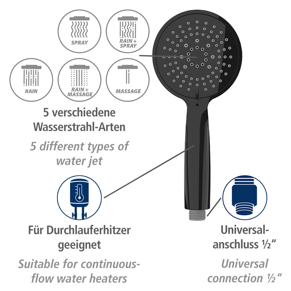 Dusjhode Young svart Ø 11 cm regndusjeffekt detalj