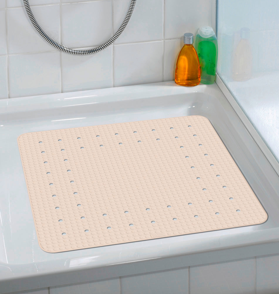 Dusjmatte Mirasol beige sett bakfra med hullmønster
