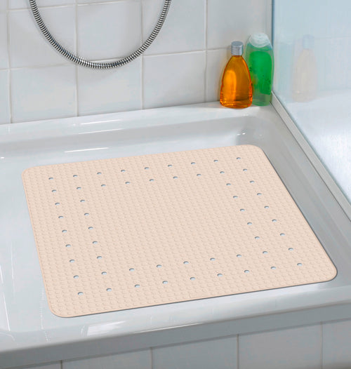 Dusjmatte Mirasol beige sett bakfra med hullmønster