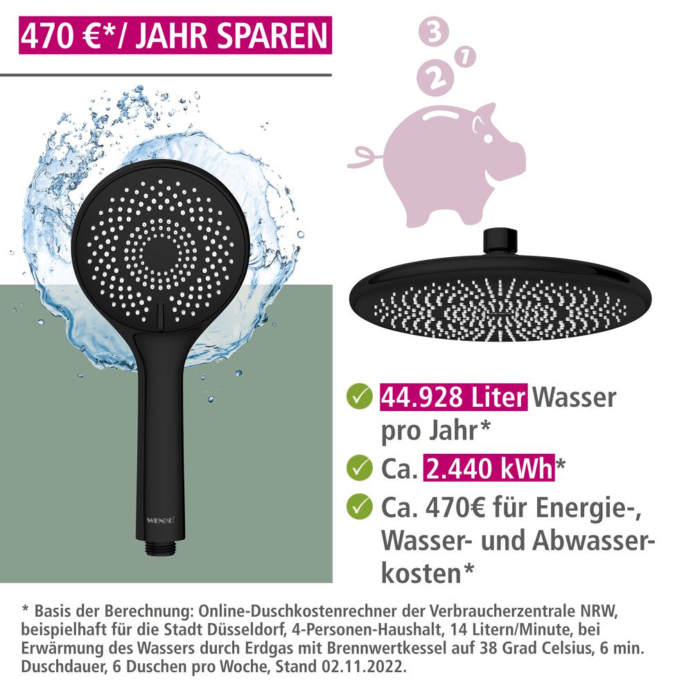 Sidevisning av Dusjsystem Watersaving svart rustfritt stål