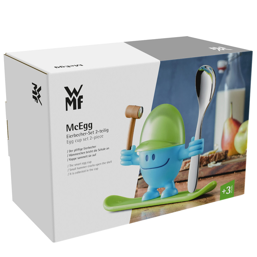 Eggeglass McEgg med skje blå 11 cm plast i gaveeske