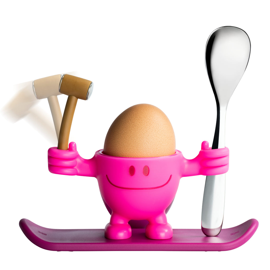 Montert Eggeglass McEgg med skje rosa 11 cm plast på bord