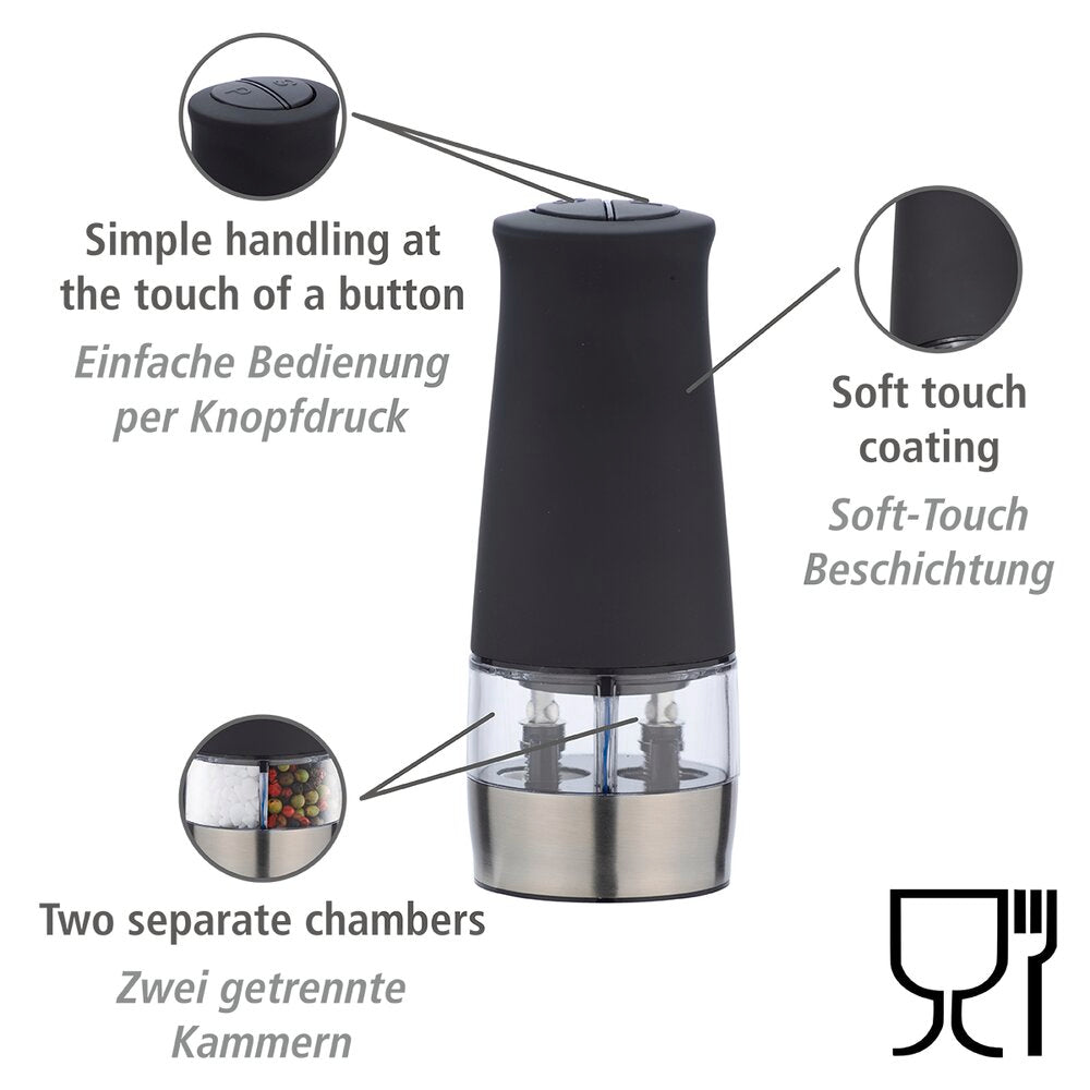 Elektrisk salt- og pepperkvern 2-i-1 med LED-lys svart - WENKO bakside