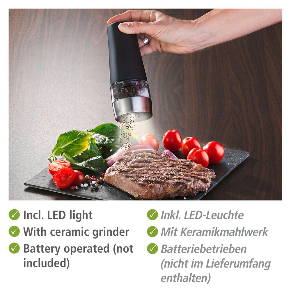 Detalj av LED-lys på Elektrisk salt- og pepperkvern 2-i-1 med LED-lys svart - WENKO