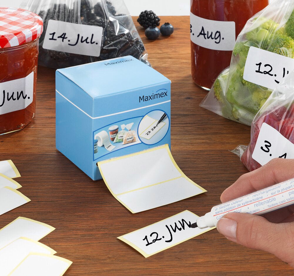 Detalj av etikettdispenser med etiketter hvit 7x7x7 cm papir - Wenko