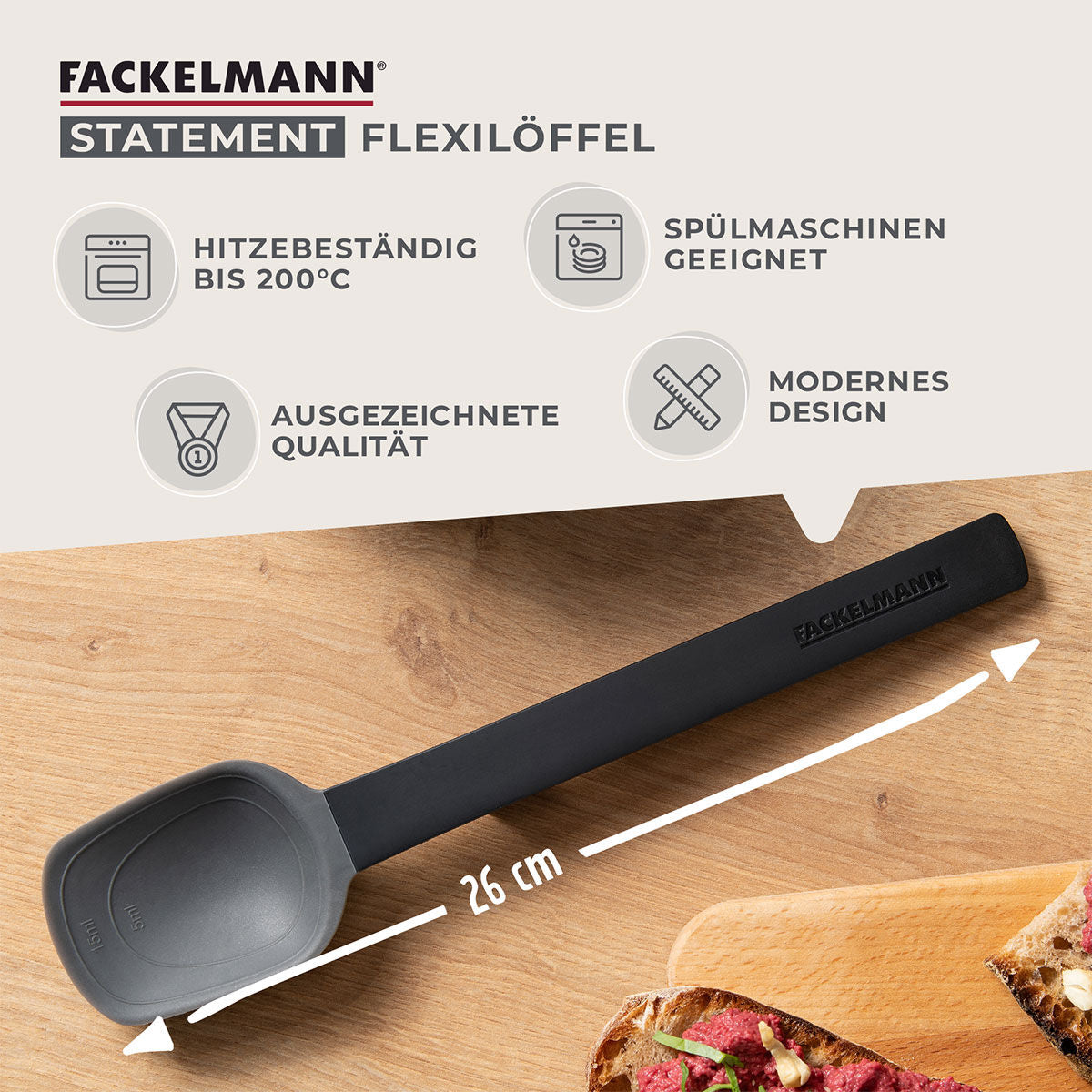 Nærbilde av fleksibel silikonleppe på Fleksibel sleiv med måleskala 26 cm silikon Statement - Fackelmann