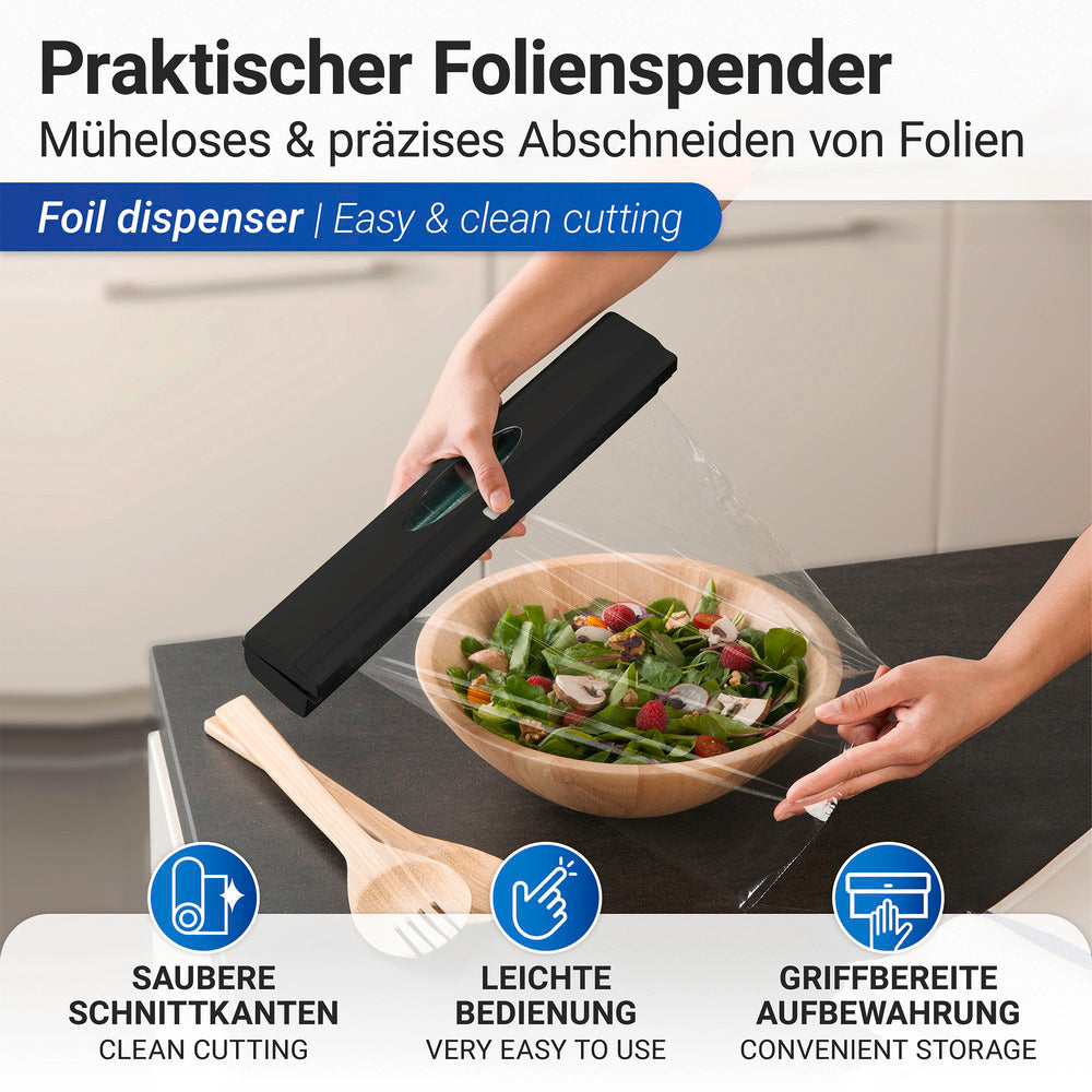 Foliedispenser Perfect Cutter svart med folieskjærer bakside