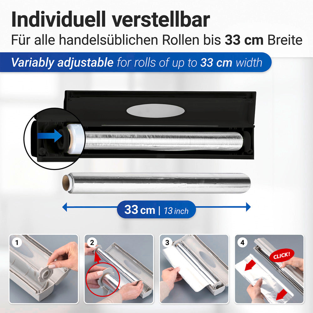 Nærbilde av Foliedispenser Perfect Cutter svart med folieskjærer