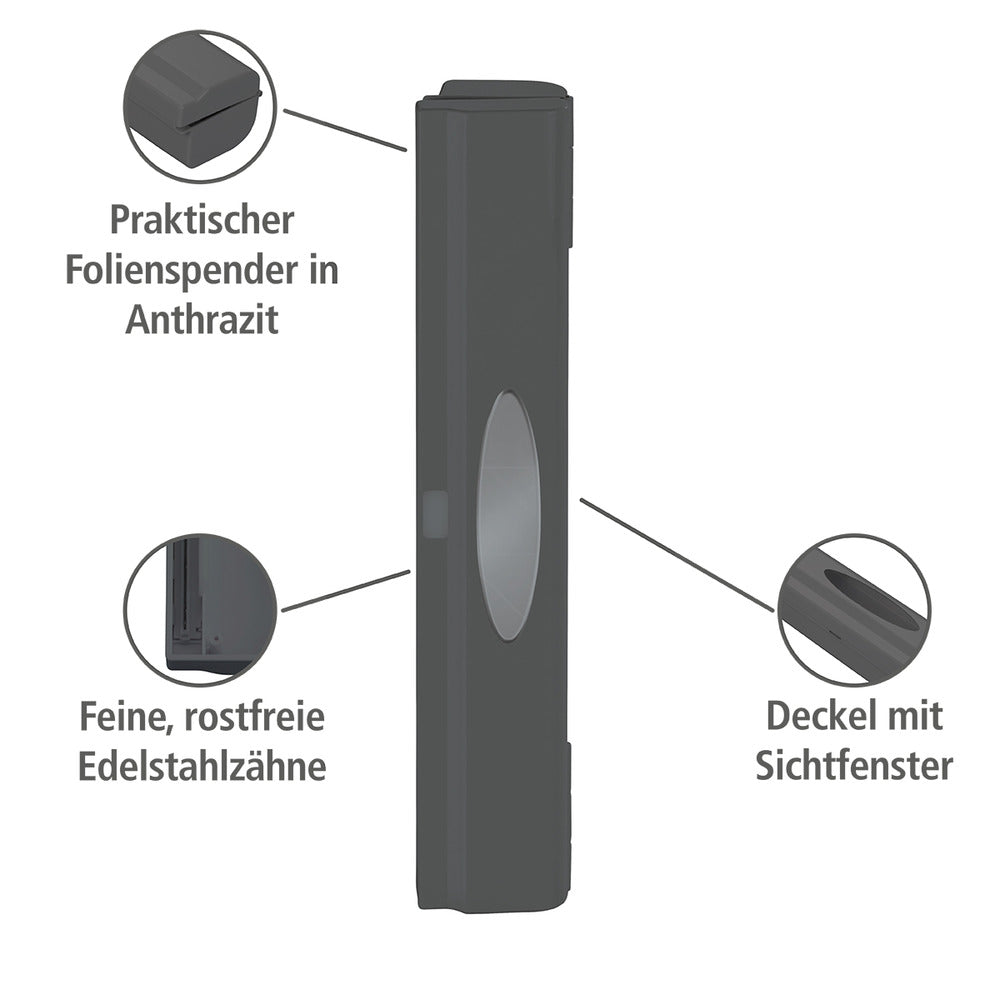 Baksiden av Folieskjærer Perfect-Cutter L antrasitt for plastfolie og alufolie