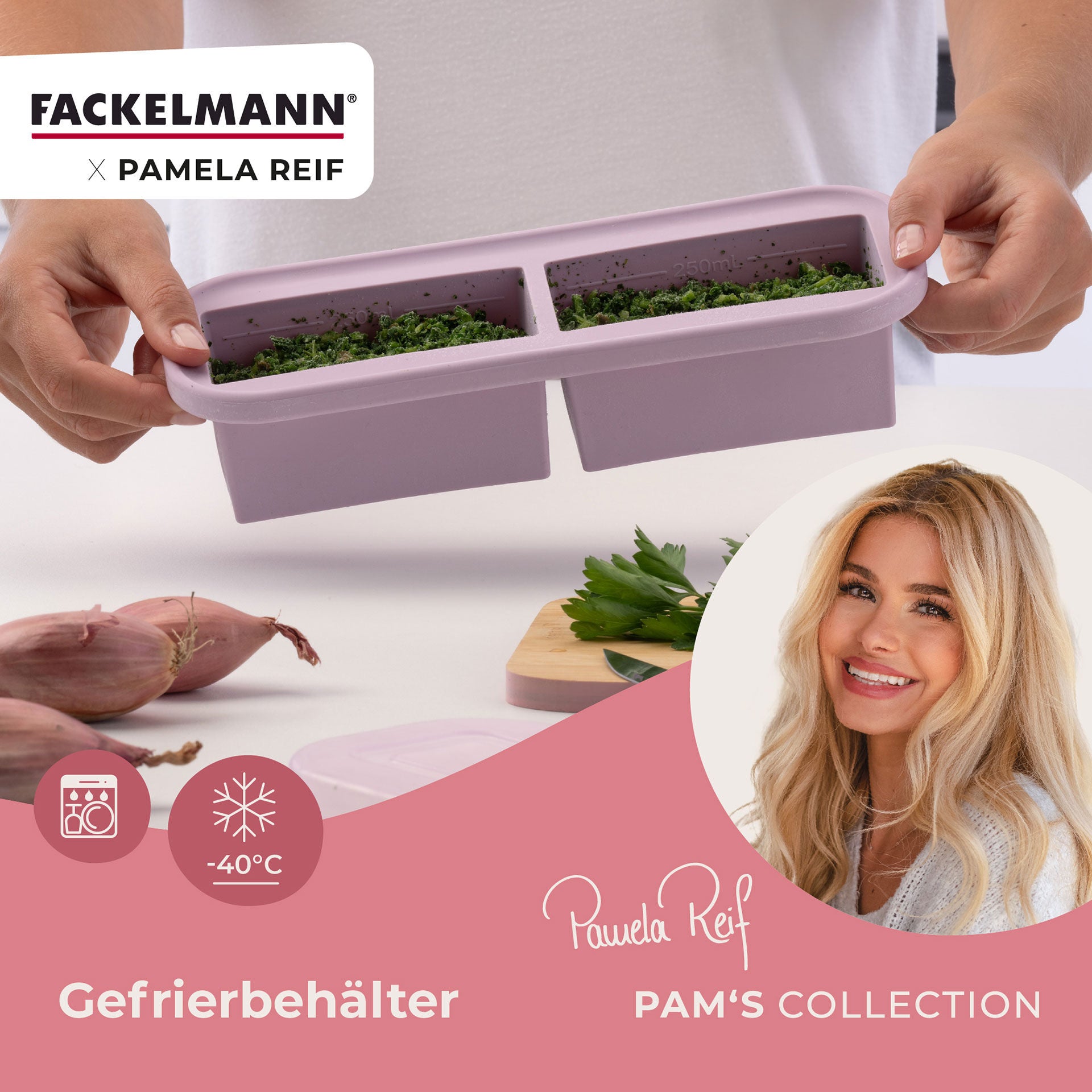 Fryseboks silikon 2x250 ml lavendel montert i fryser