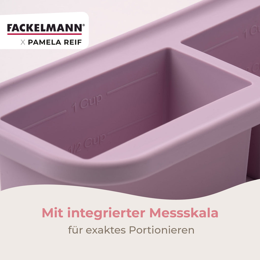 Fryseboks silikon 2x250 ml lavendel åpen med mat inni
