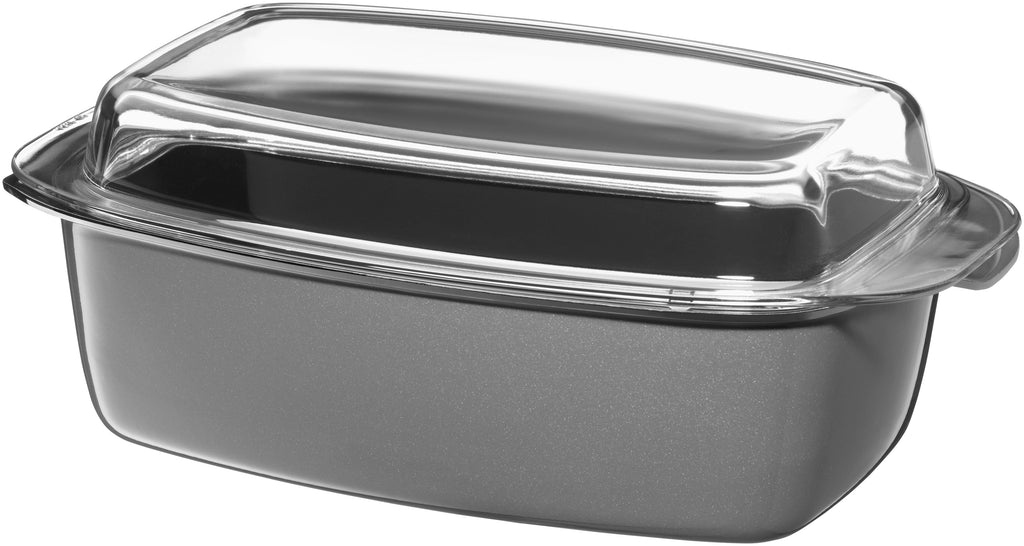 Fusiontec Mineral langpanne rektangulær 32×21 cm med glasslokk 5,3 L platinum forfra