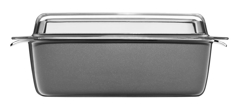 Nærbilde av overflate på Fusiontec Mineral langpanne rektangulær 32×21 cm med glasslokk 5,3 L platinum
