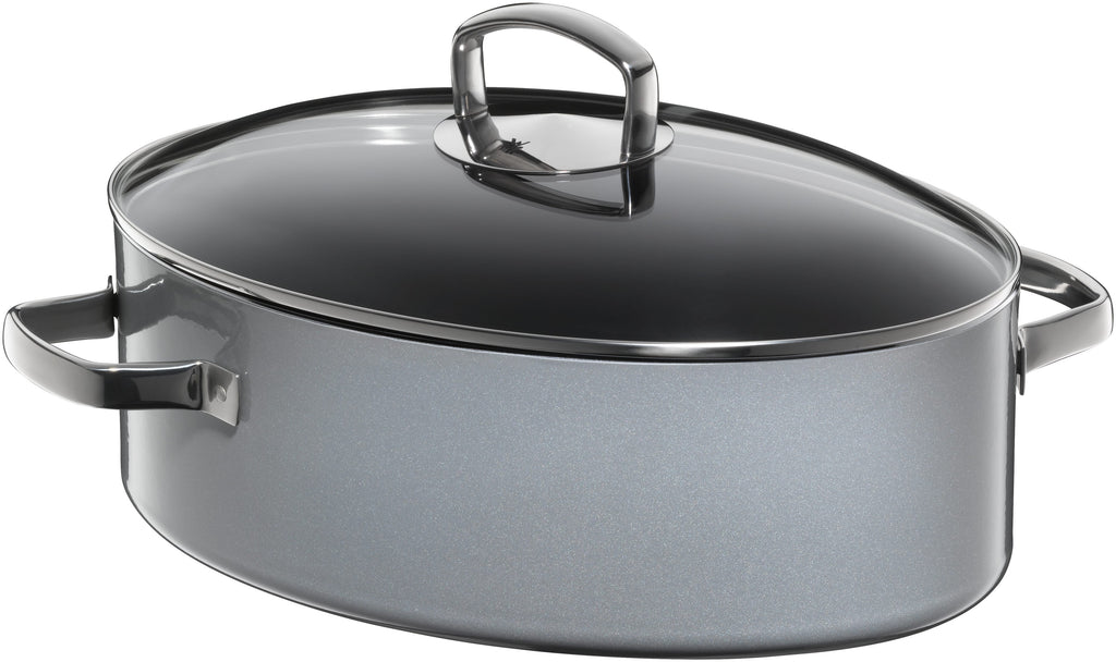 Fusiontec Mineral langpanne oval 36 cm med glasslokk i platinum forfra