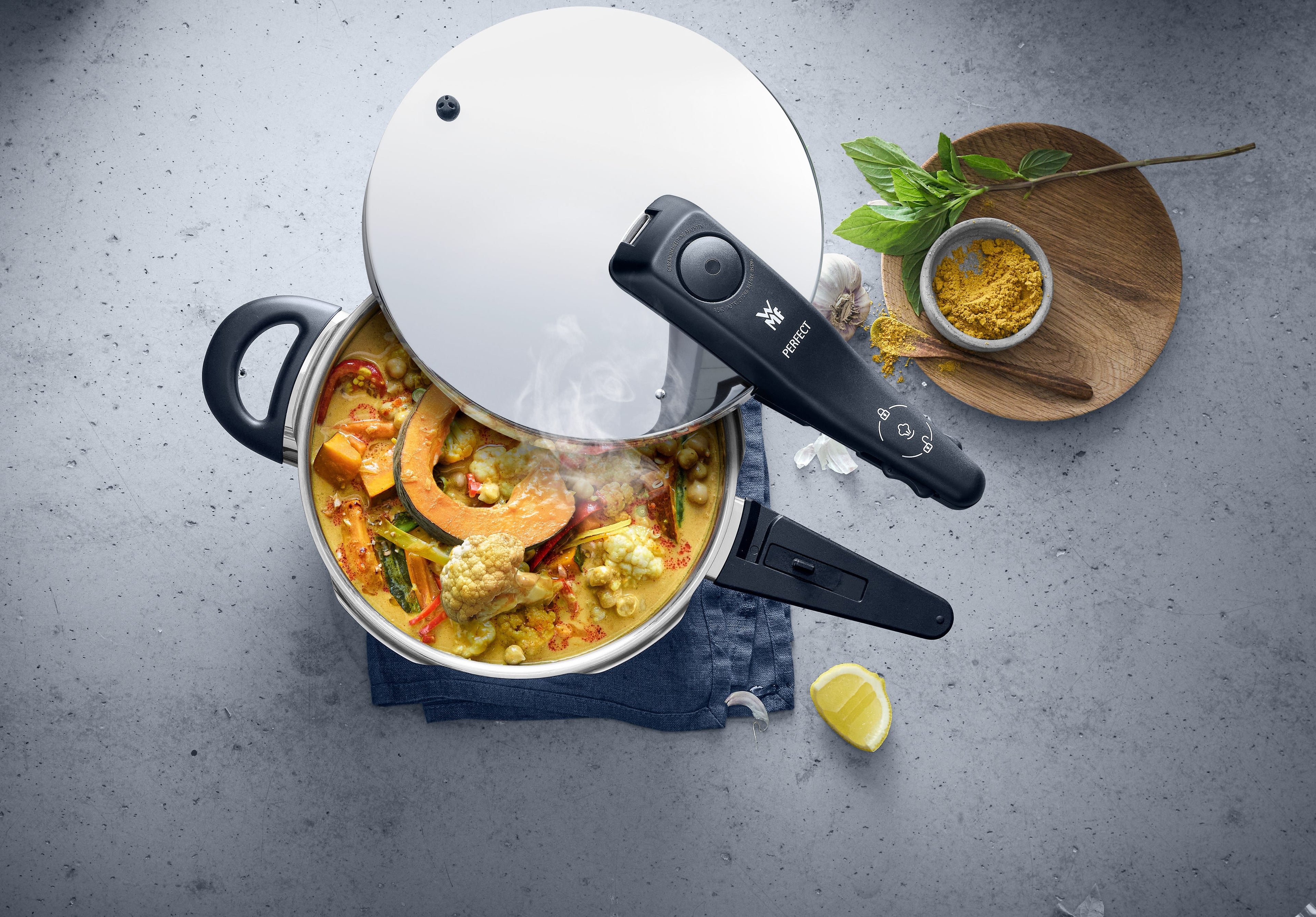 Fusiontec Perfect trykkkoker 22 cm 6,5 L platinum funksjonsknapper