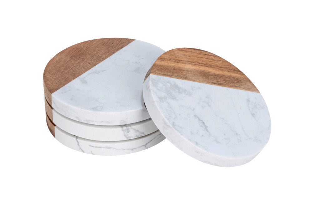 Glassbrikker marmor og akasietre hvit/natur Ø10 cm 4-delt sett forfra