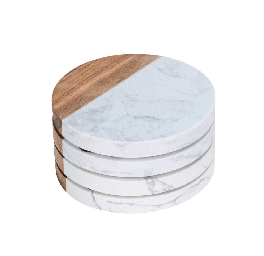 Detalj av Glassbrikker marmor og akasietre hvit/natur Ø10 cm 4-delt sett