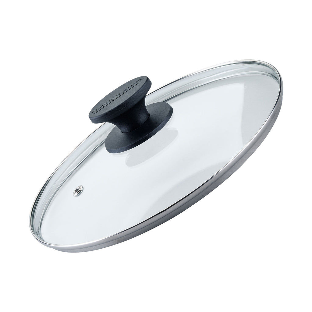 Glasslokk Ø24 cm med dampventil og bakelitthåndtak forfra