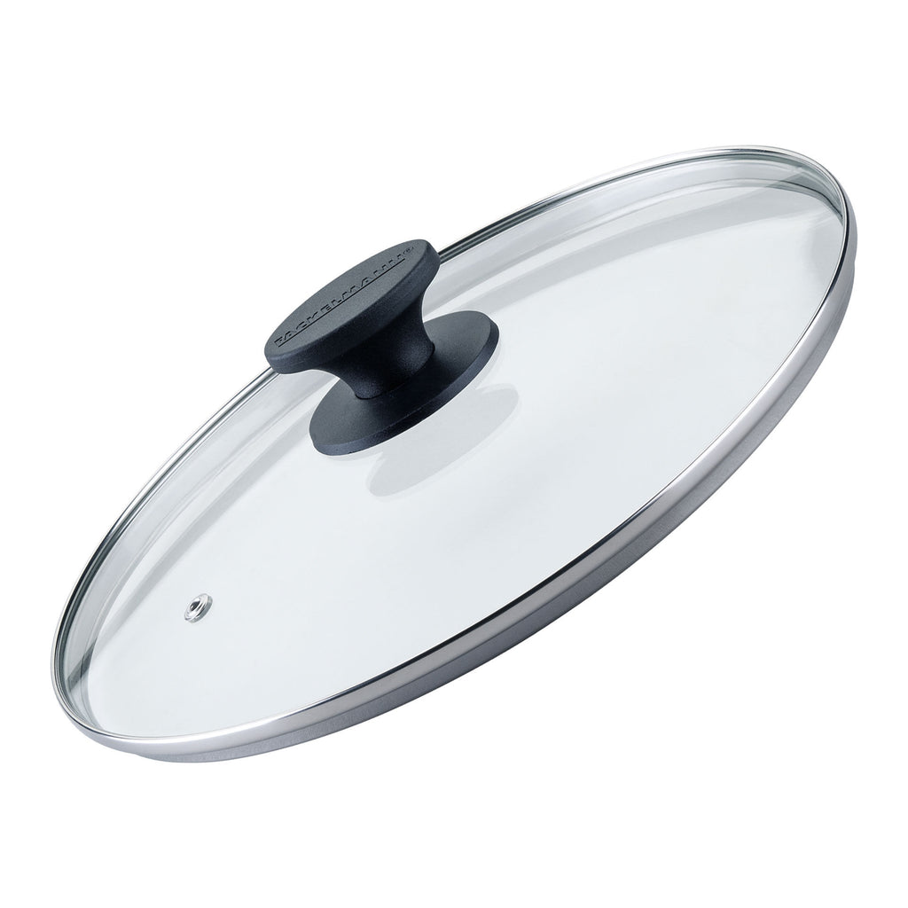 Glasslokk Ø28 cm med dampventil til gryter og panner forfra