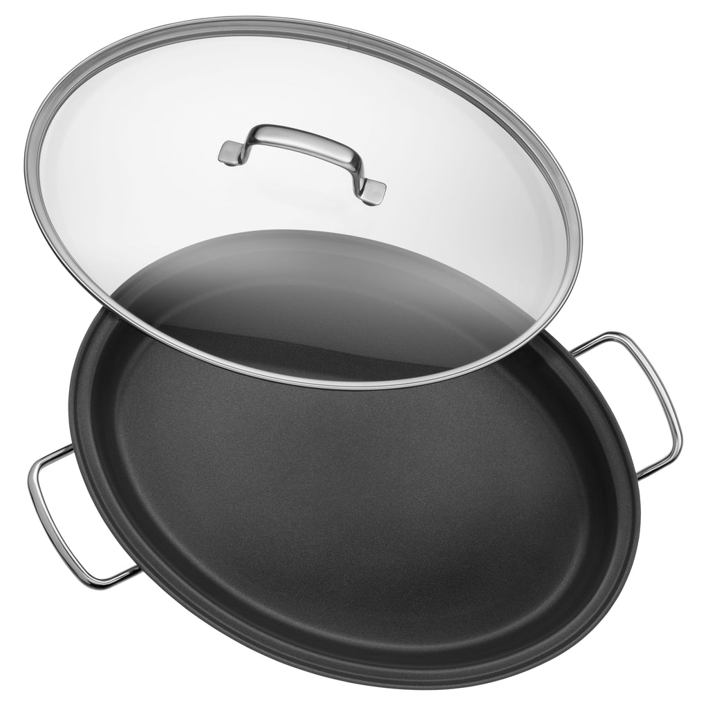 Gourmet fiskepanne oval 38x26 cm non-stick med glasslokk bakside