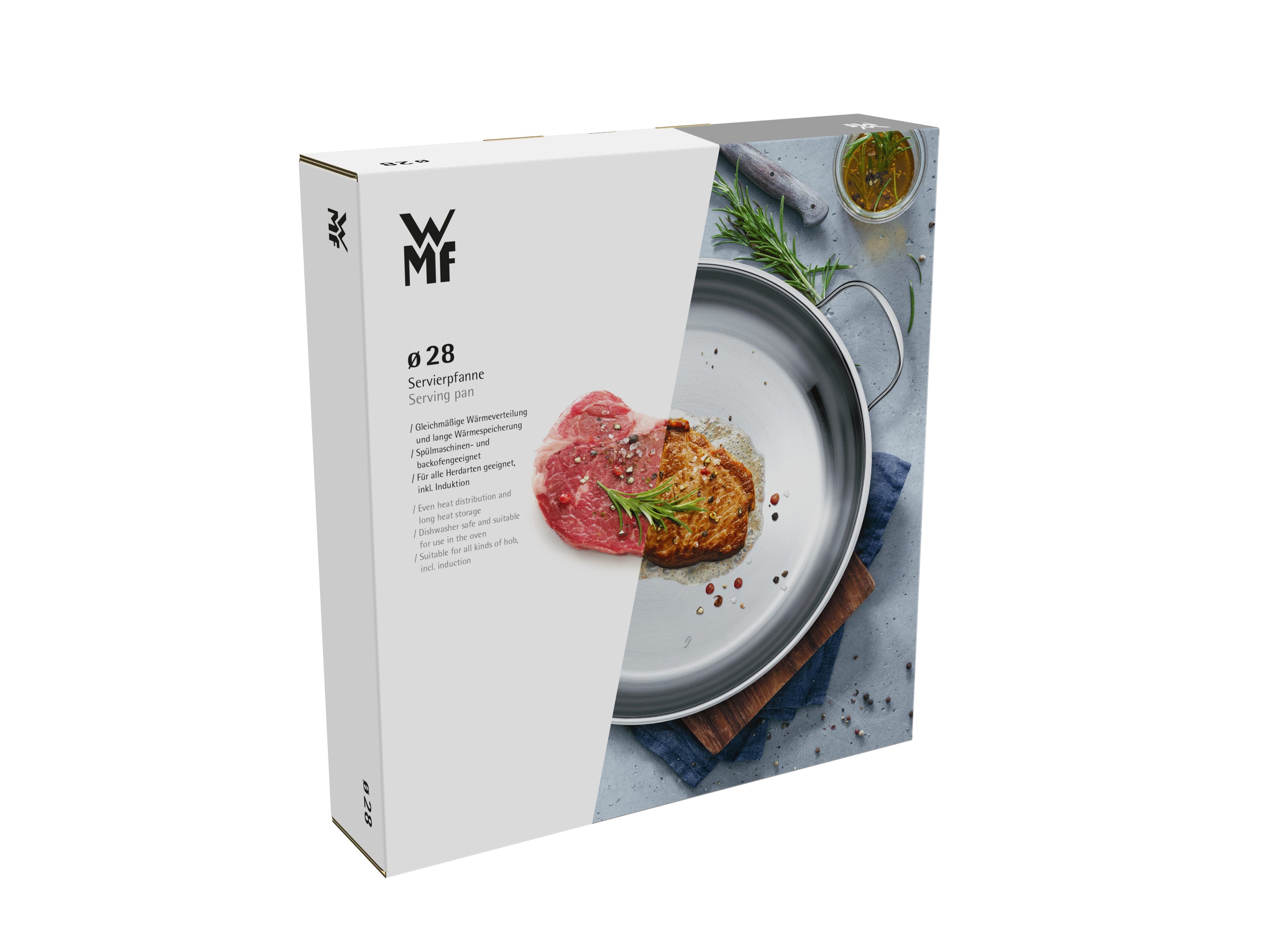 Gourmet Plus servierpanne 28 cm rustfritt stål induksjon montert på kokeplate