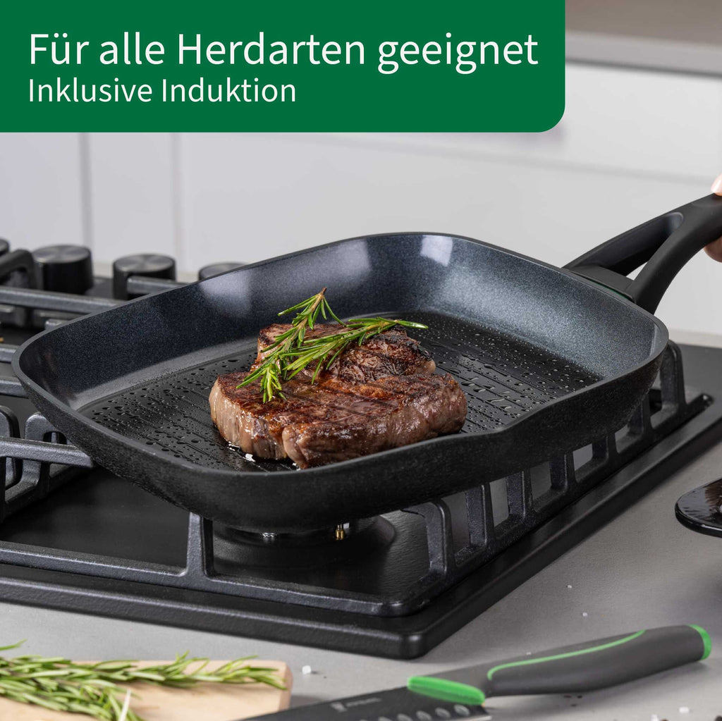 Grillpanne keramisk non-stick Ø28 cm resirkulert aluminium montert på komfyr