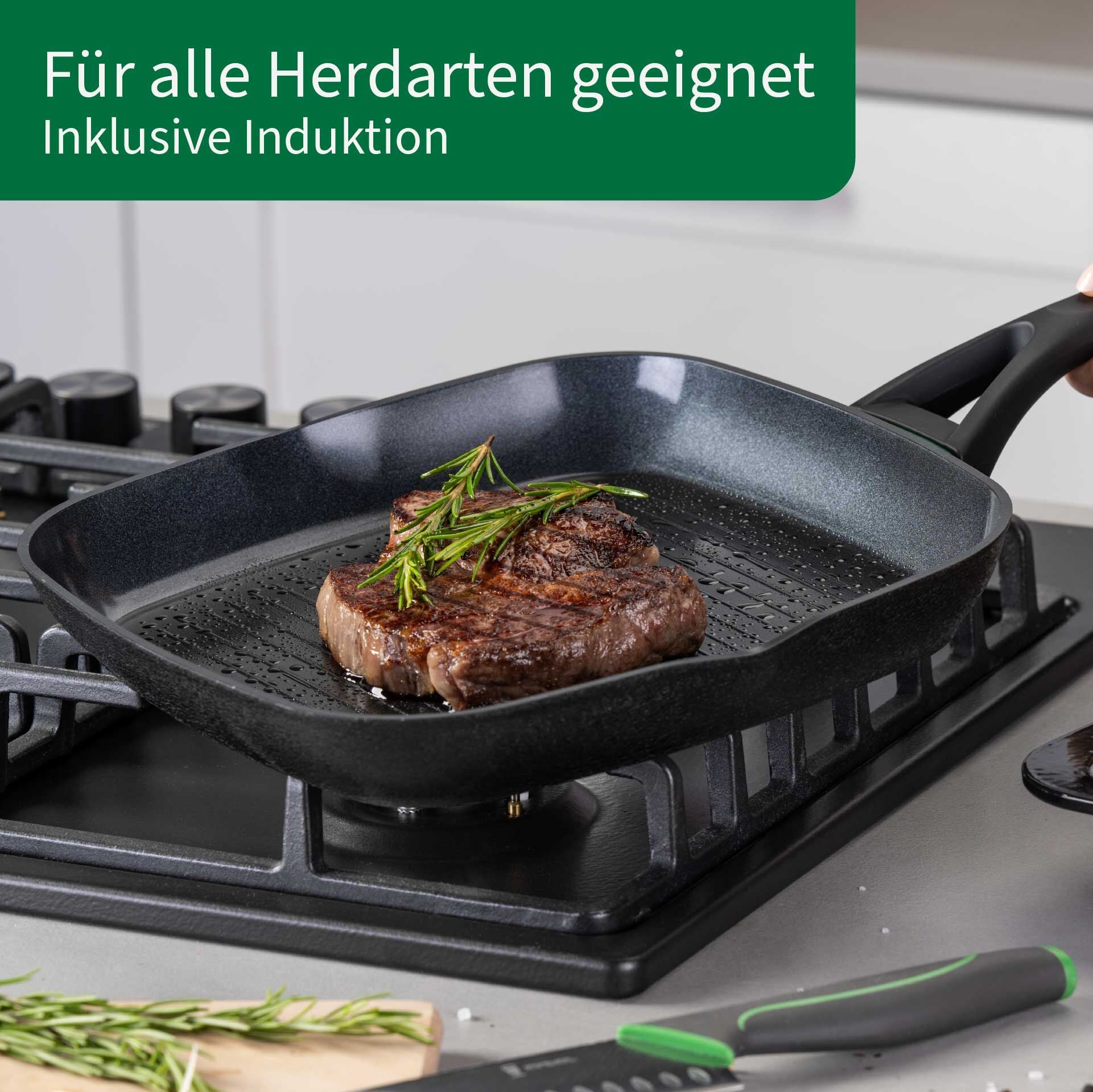 Grillpanne keramisk non-stick Ø28 cm resirkulert aluminium montert på komfyr